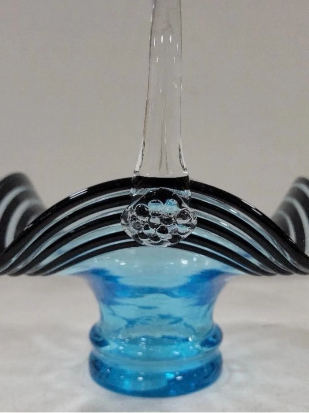 Vintage Murano Style Hand Blown Art Glass Basket Blue Black & White